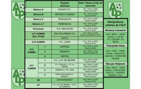 Le planning du 9 et 10 avril :